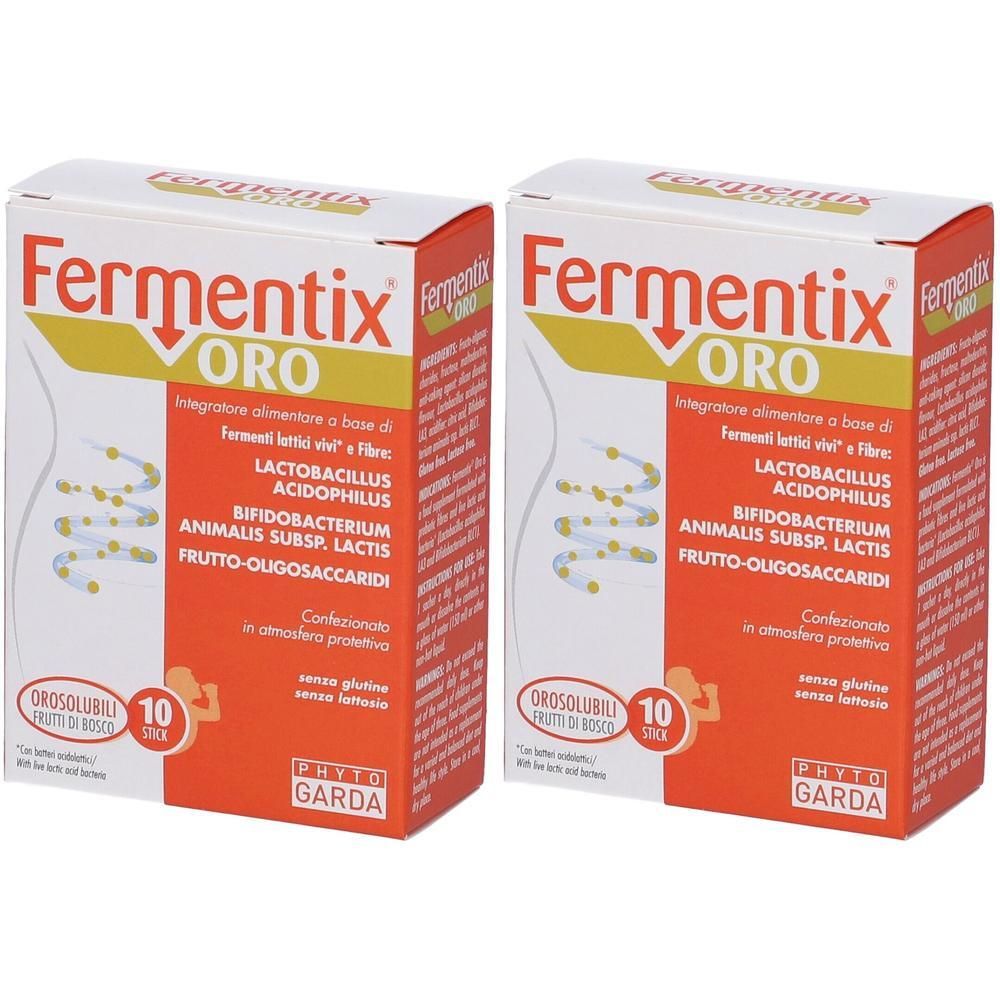 Due confezioni di Fermentix ORO Orosolubili da 10 stick. Contiene Lactobacillus Acidophilus e Bifidobacterium.
