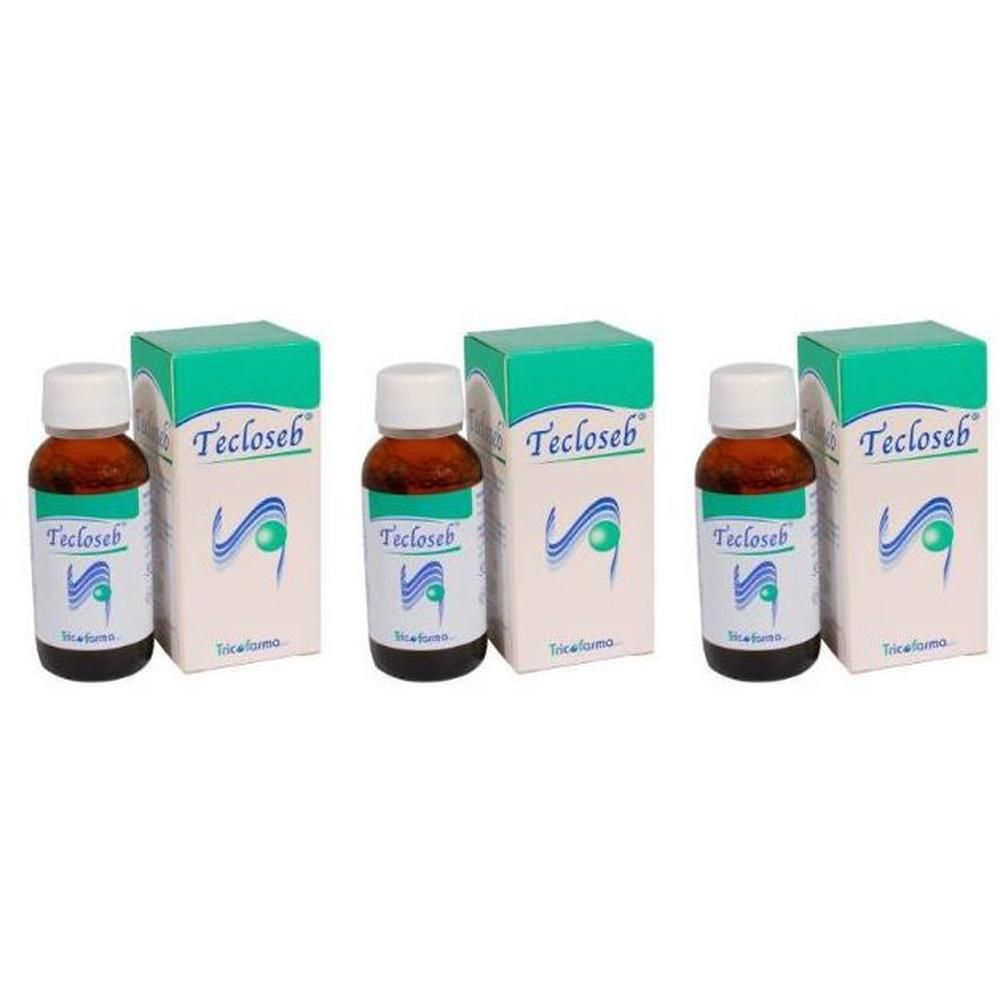 Tre flaconi di Tecloseb con scatole. Flaconi in vetro marrone con tappi ed etichette bianchi.