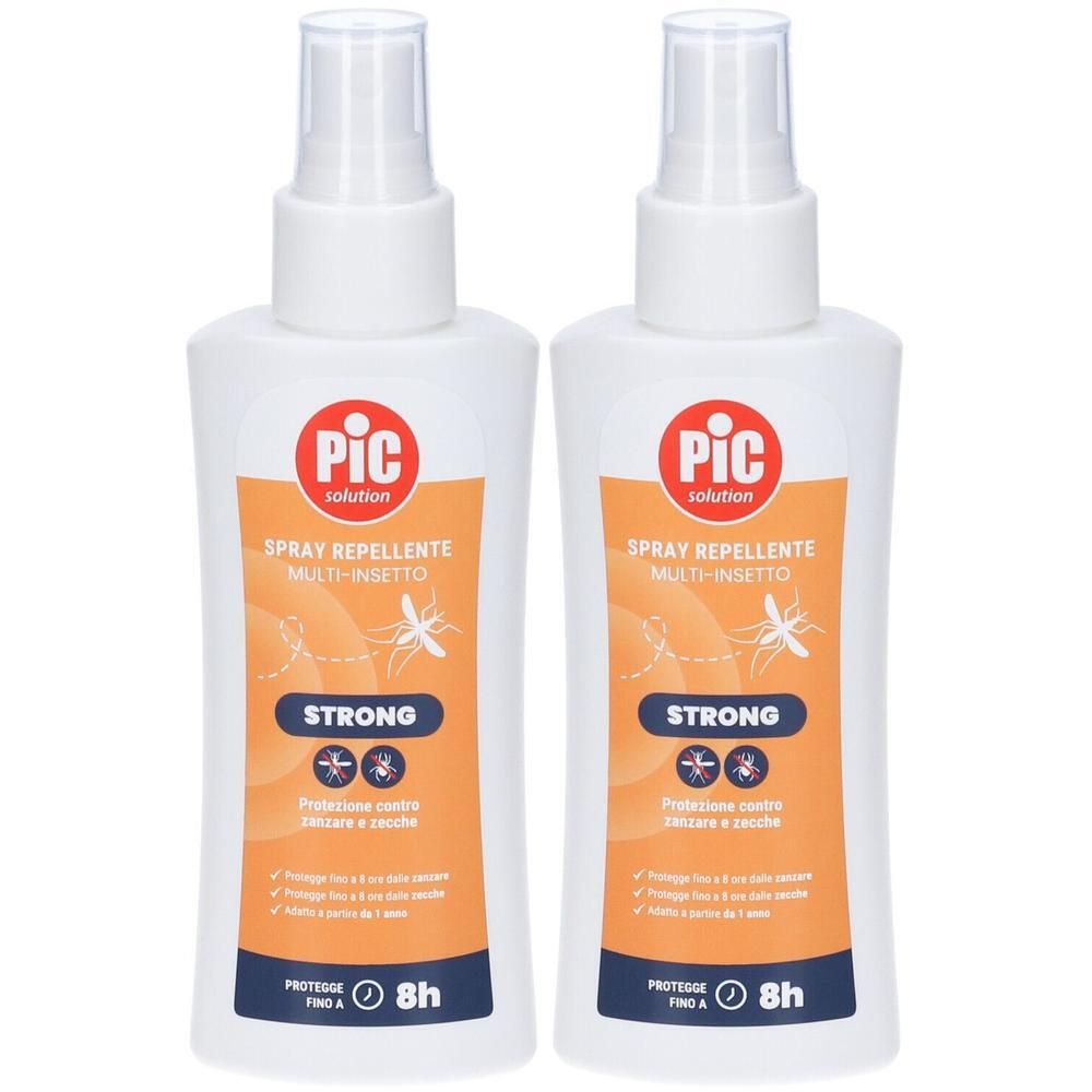Due flaconi di spray repellente multi-insetto Strong Pic Solution con erogatore. Etichetta arancione con zanzare.