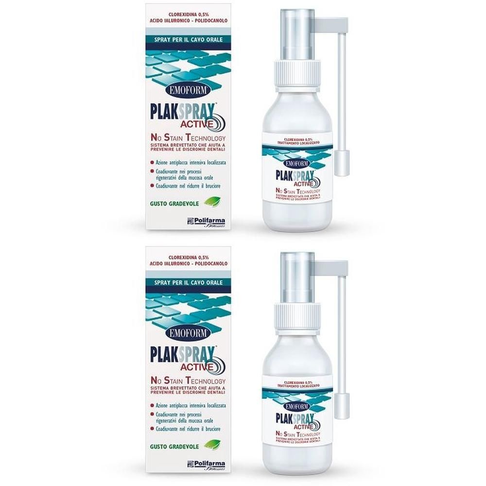 Due flaconi di Plak Spray Active con applicatore e scatola. Contiene acido ialuronico.