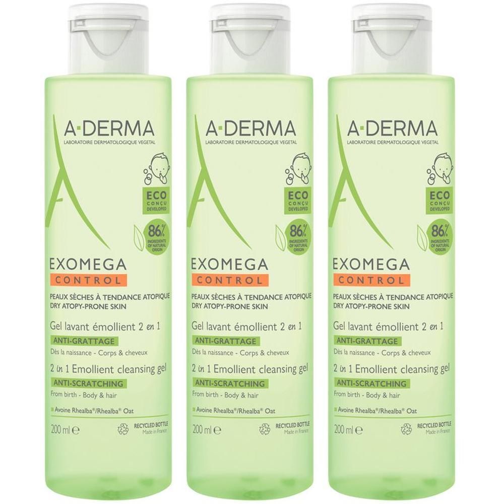 A-Derma Exomega Control Gel Detergente Emolliente 2 in 1 (viso, corpo, capelli) 200ml - Pelle secca a tendenza atopica, Lenisce la sensazione di prurito, Elimina la crosta lattea