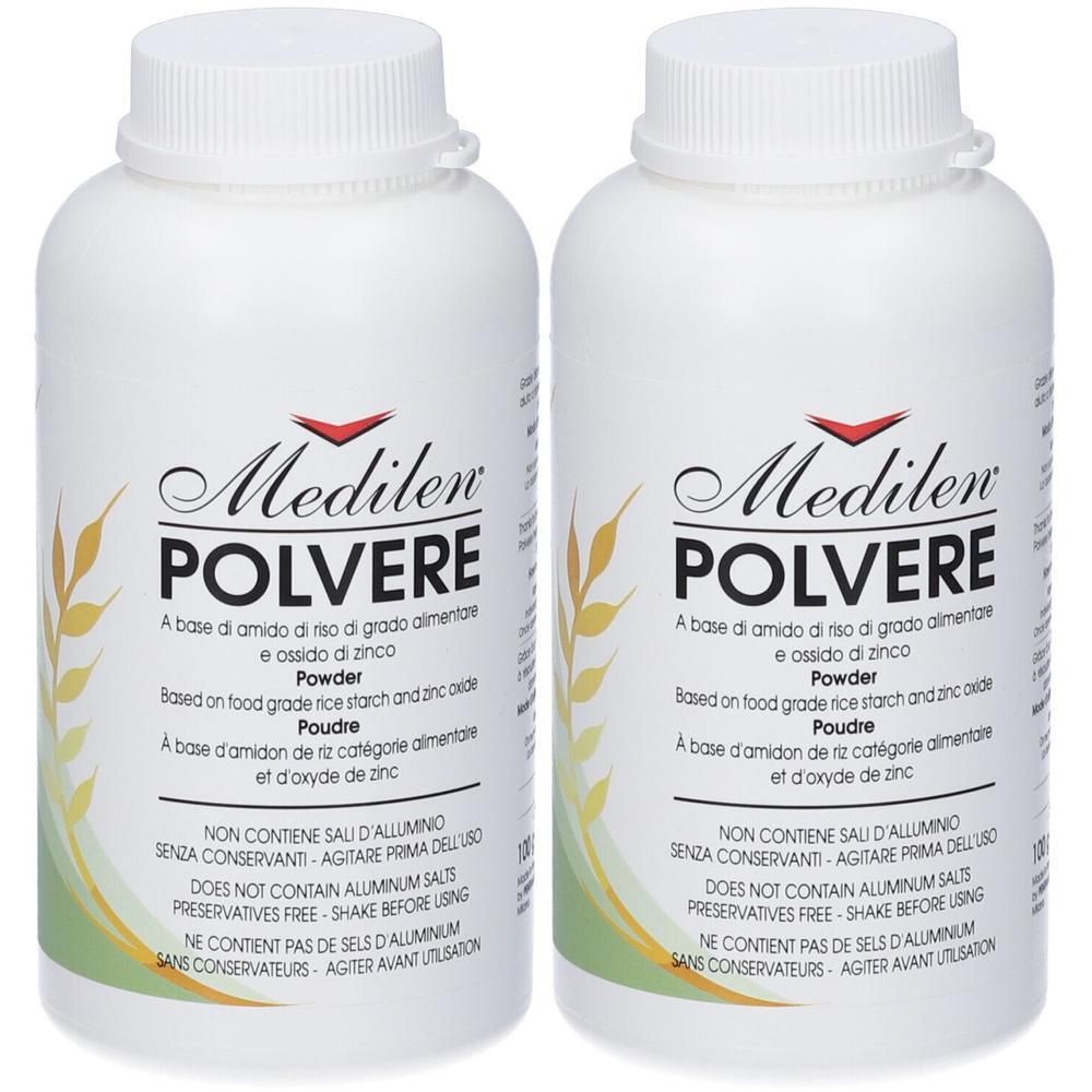 Due contenitori bianchi di Medilen Polvere con etichette che indicano polvere di riso e ossido di zinco.