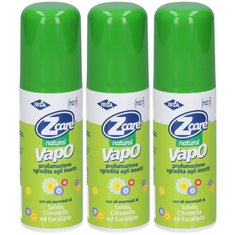 Tre spray Z Care Vapo con tappi verdi. Profumazione naturale sgradita agli insetti con oli essenziali.