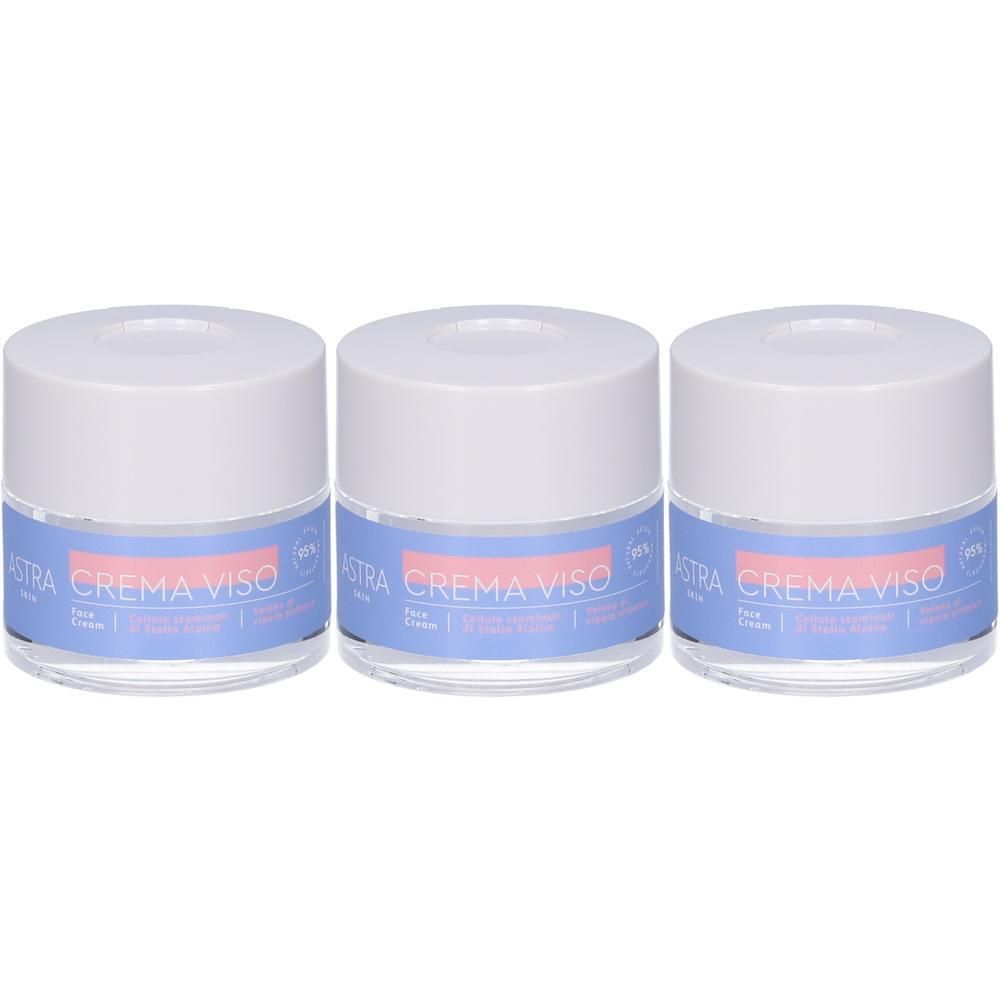 Tre vasetti di crema viso Astra Crema Viso con tappi bianchi ed etichette blu.