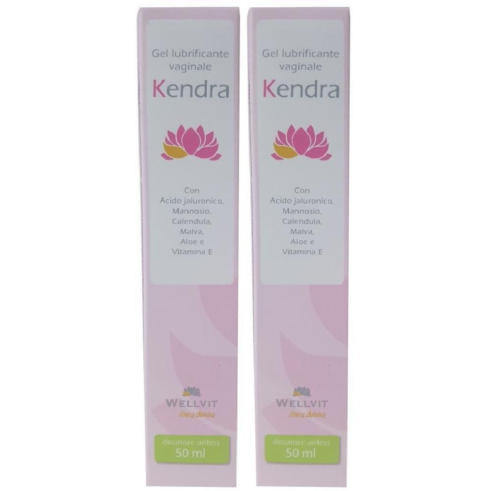 Due confezioni di gel lubrificante Kendra, 50 ml. Contiene acido ialuronico, malva, aloe e vitamina E.