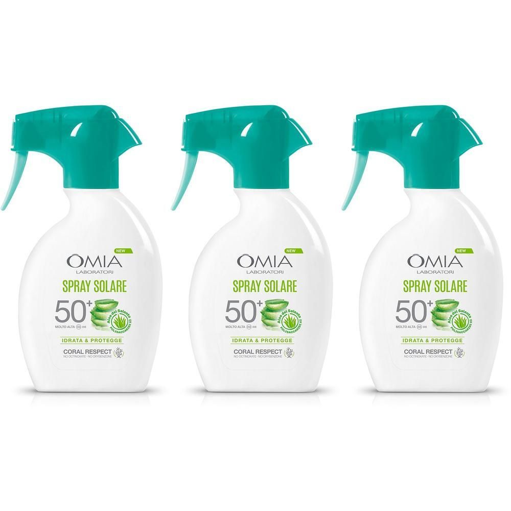 Tre flaconi Omia Spray Solare SPF 50+ Coral Respect.