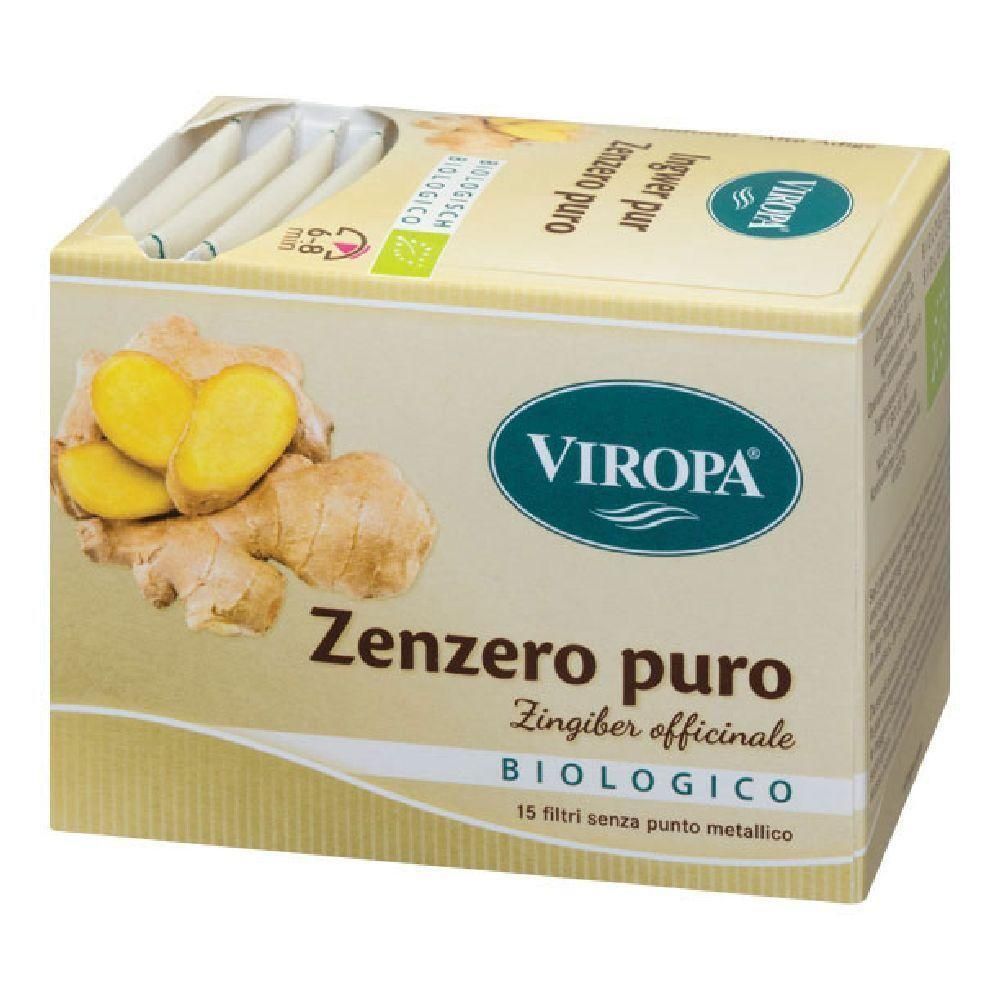 Confezione da 15 filtri di tisana biologica Viropa Zenzero Puro. Contiene radici di zenzero e marchio bio.