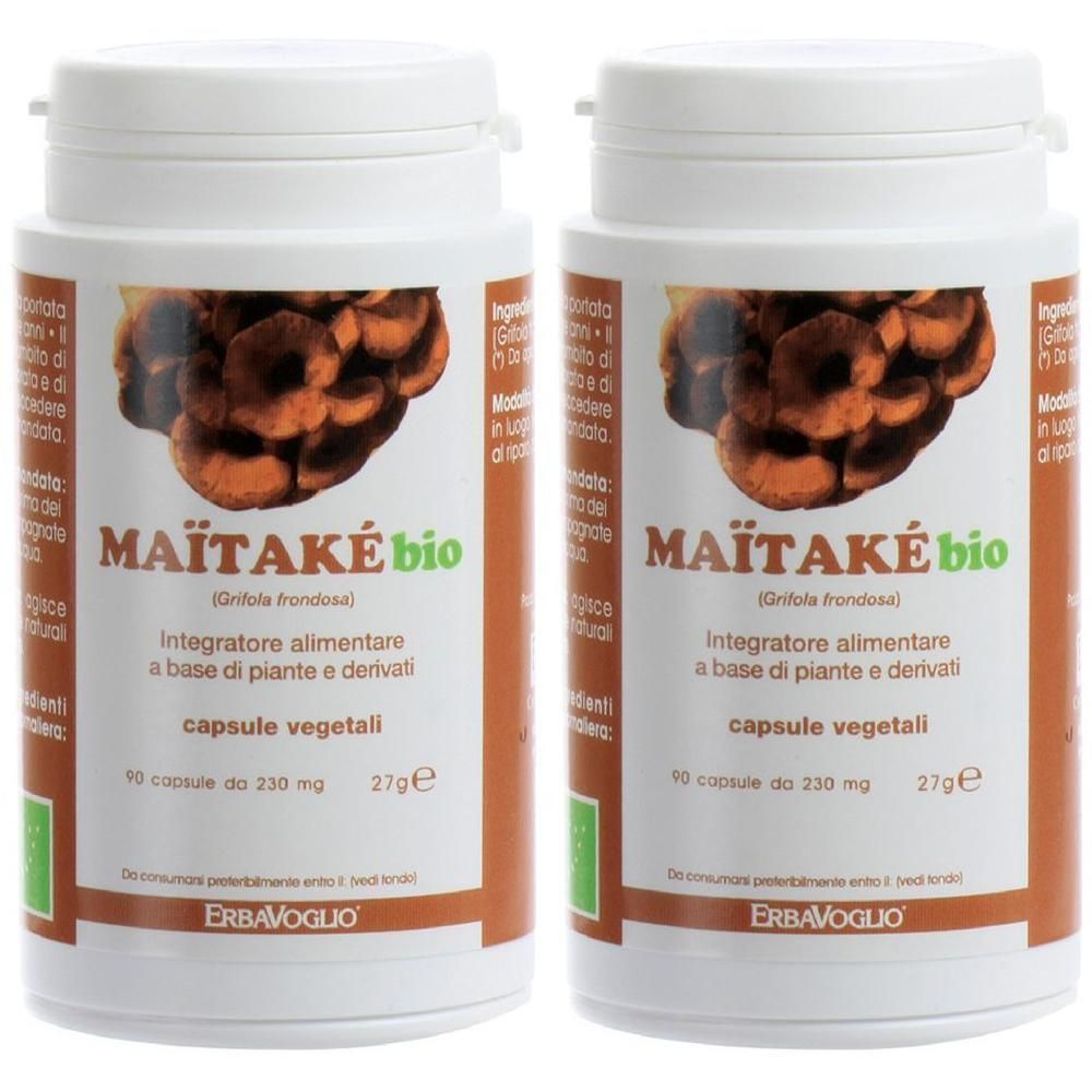 Due flaconi di capsule Maitake Bio con immagine di fungo e logo Erba Vogluo.