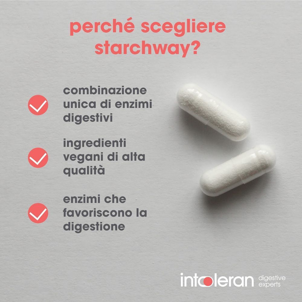 Due capsule Intoleran Starchway su una superficie con testo e logo.