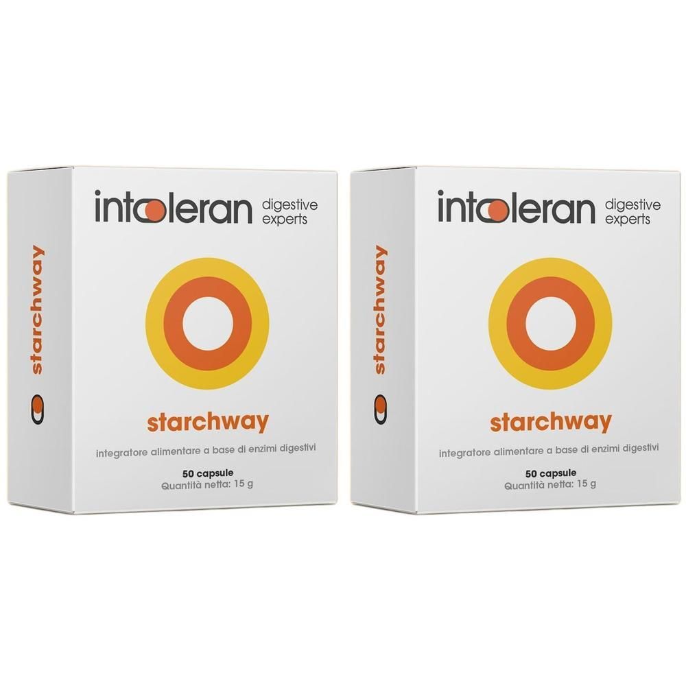 Due confezioni di capsule Intoleran Starchway con cerchi concentrici sul fronte.