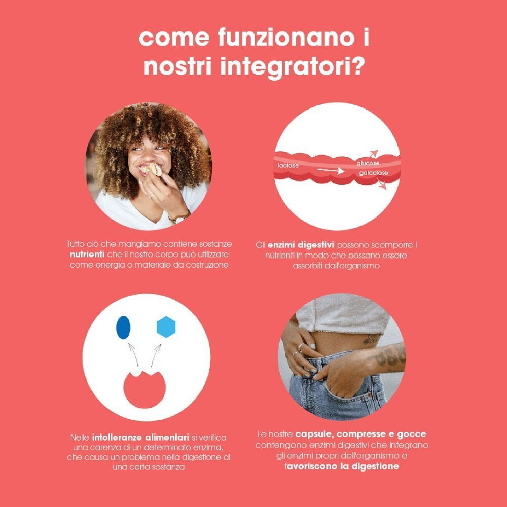 Quattro infografiche spiegano il funzionamento degli enzimi digestivi e delle intolleranze.