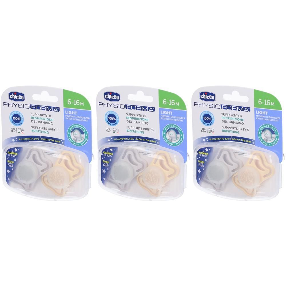 Tre succhietti Chicco PhysioForma Light in silicone per 6-16 mesi, in confezione blister.