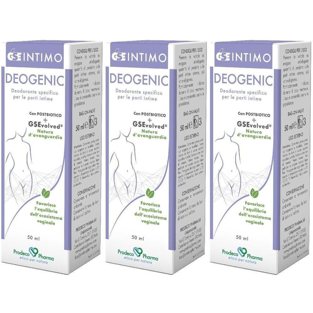 Tre confezioni di spray deodorante GSE Intimo Deogenic da 50 ml. La parte anteriore mostra una figura femminile schematica e informazioni sul prodotto.