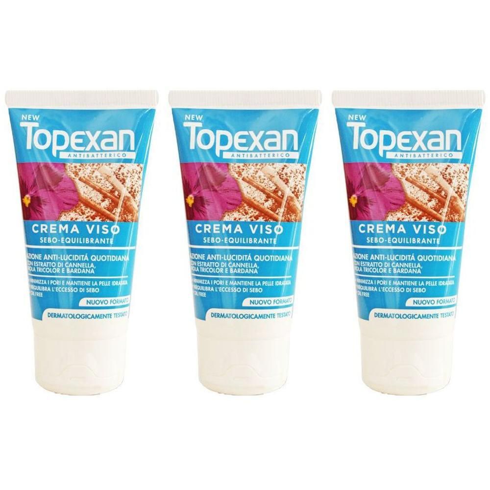 Tre tubi di crema viso Topexan Sebo Equilibrante, antibatterica.