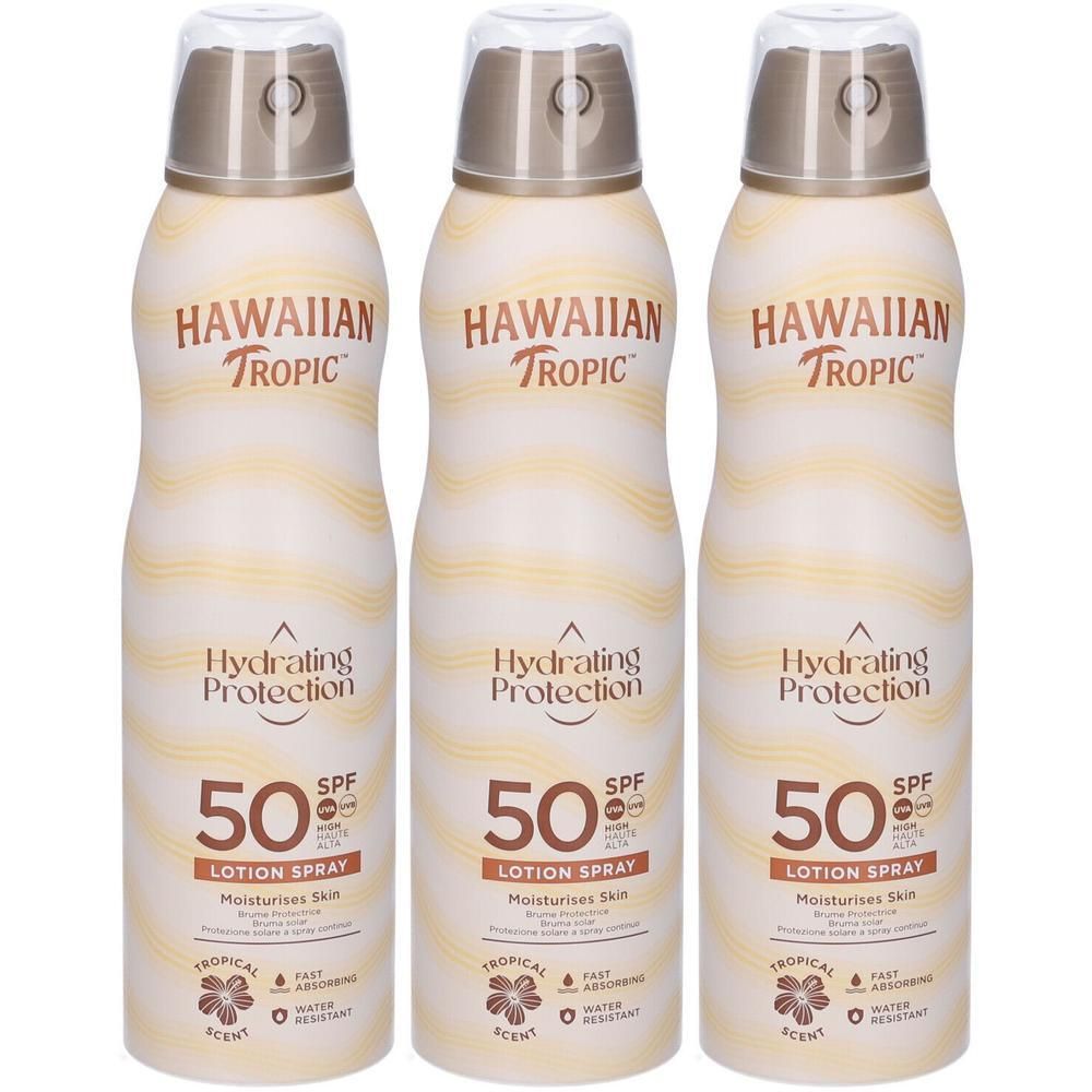 Tre flaconi spray Hawaiian Tropic Hydrating Protection SPF 50 Lotion Spray.