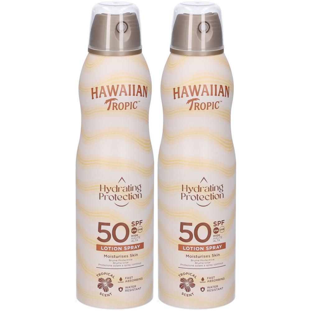 Due flaconi di Hawaiian Tropic Hydrating Protection LSF 50 Lotion Spray.