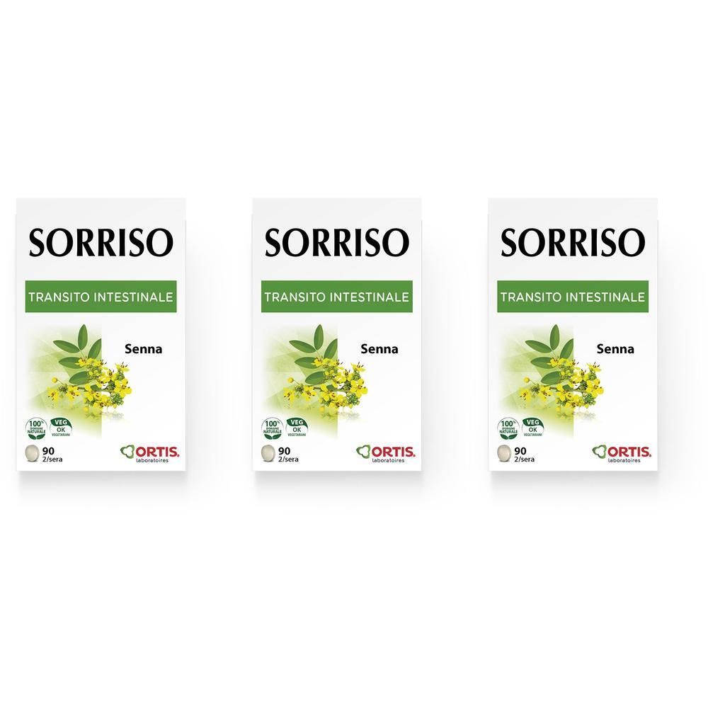 Tre confezioni di Sorriso Integratore Alimentare con immagine di Senna e certificazioni.