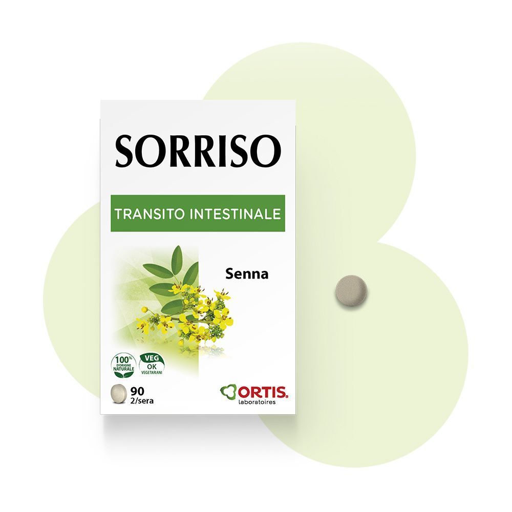 Una confezione di Sorriso Integratore Alimentare con Senna e una singola compressa.