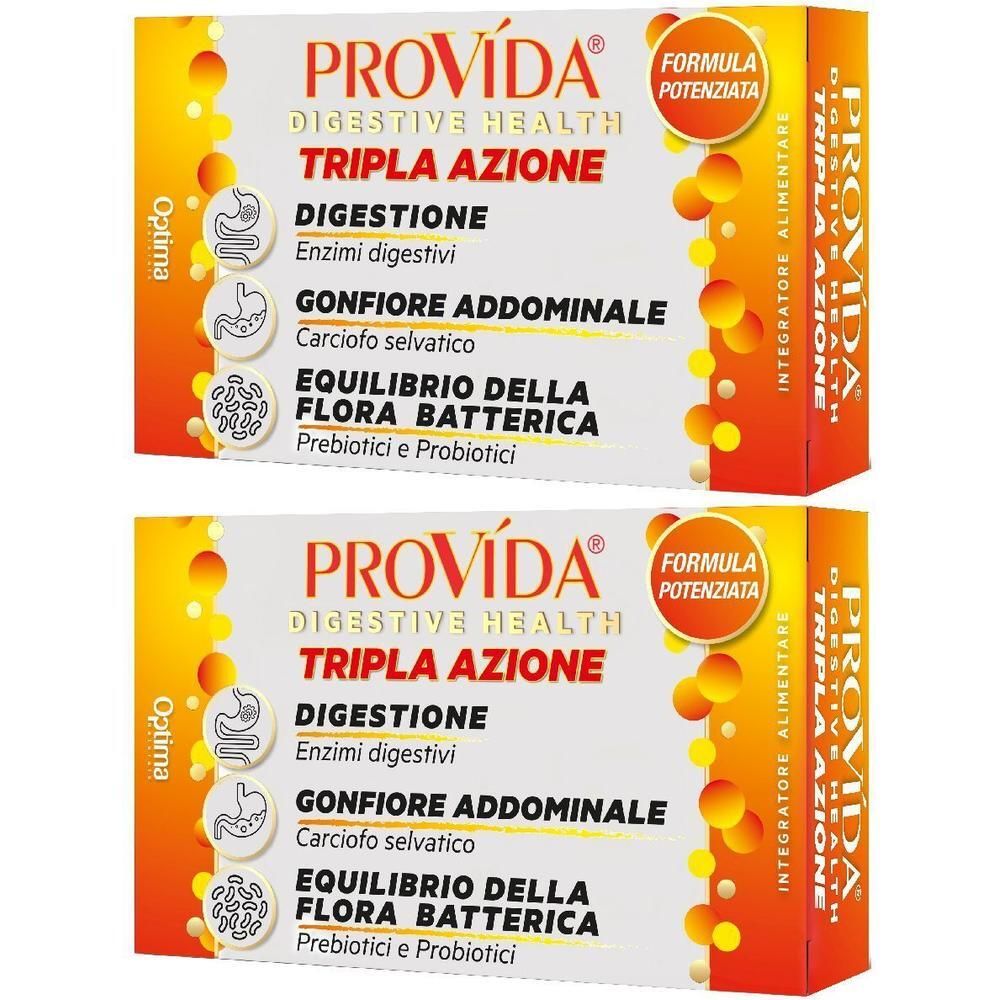 Due confezioni di capsule Provida Digestive Health Tripla Azione. Contiene enzimi digestivi, carciofo, prebiotici e probiotici.