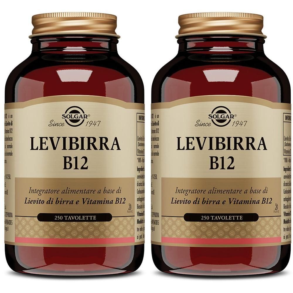 Due flaconi di Levibirra B12, integratore alimentare, 250 tavolette ciascuno.