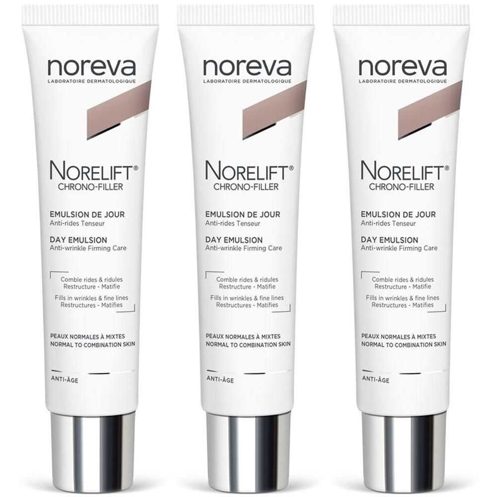 Tre tubi di emulsione giorno Noreva Norelift Chrono-Filler con tappi argentati.