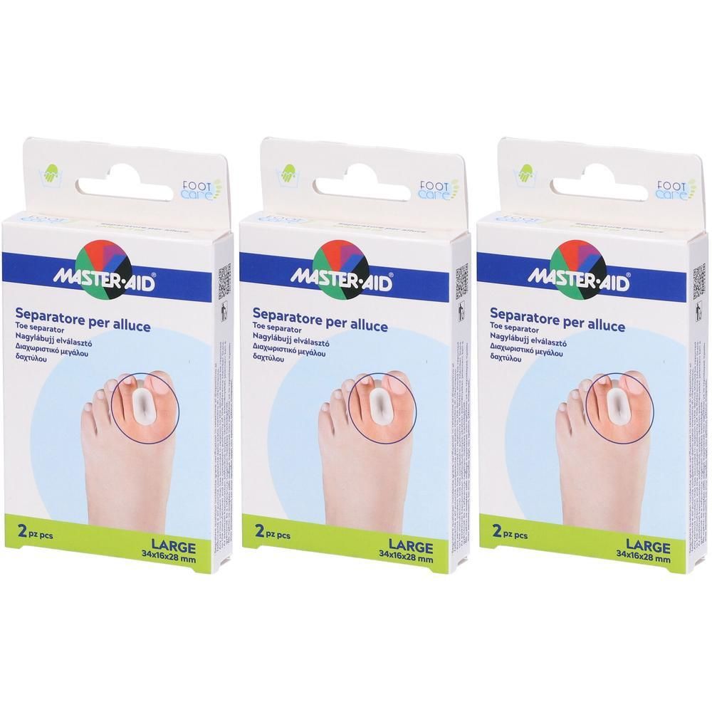 Tre confezioni di separatori dita in gel Master-Aid per alluce, misura large, 2 pezzi per confezione.