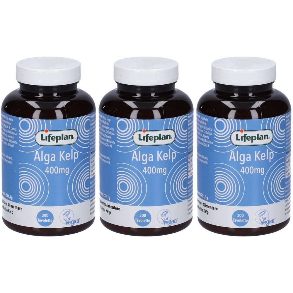 Tre flaconi LIFEPLAN Alga Kelp 400mg, vegan, 300 compresse per flacone.