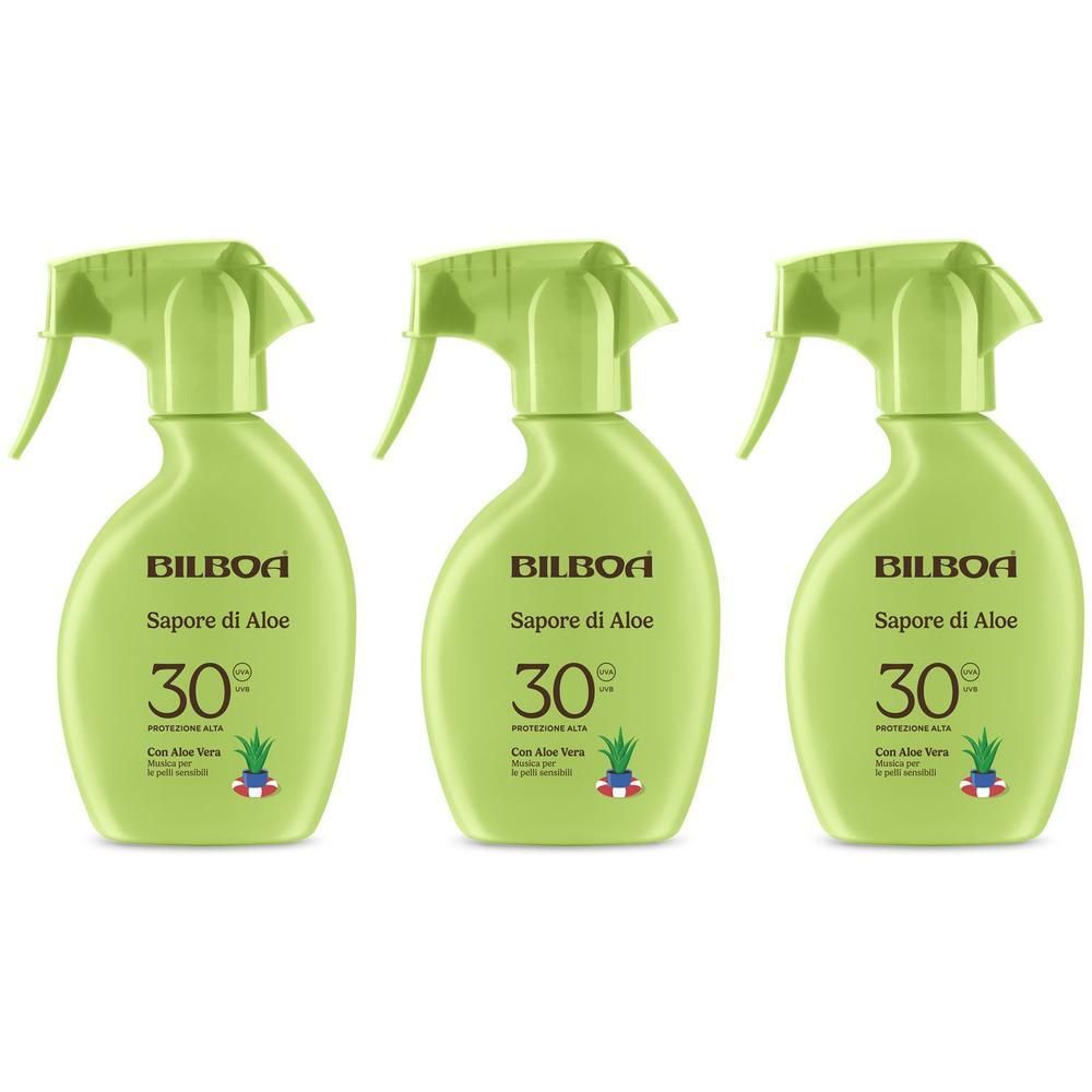Tre flaconi spray verdi Bilboa Sapore di Aloe SPF 30 con aloe vera.