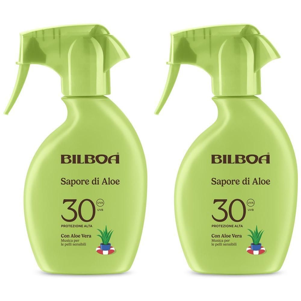 Due flaconi spray verdi Bilboa Sapore di Aloe SPF 30 con Aloe Vera.