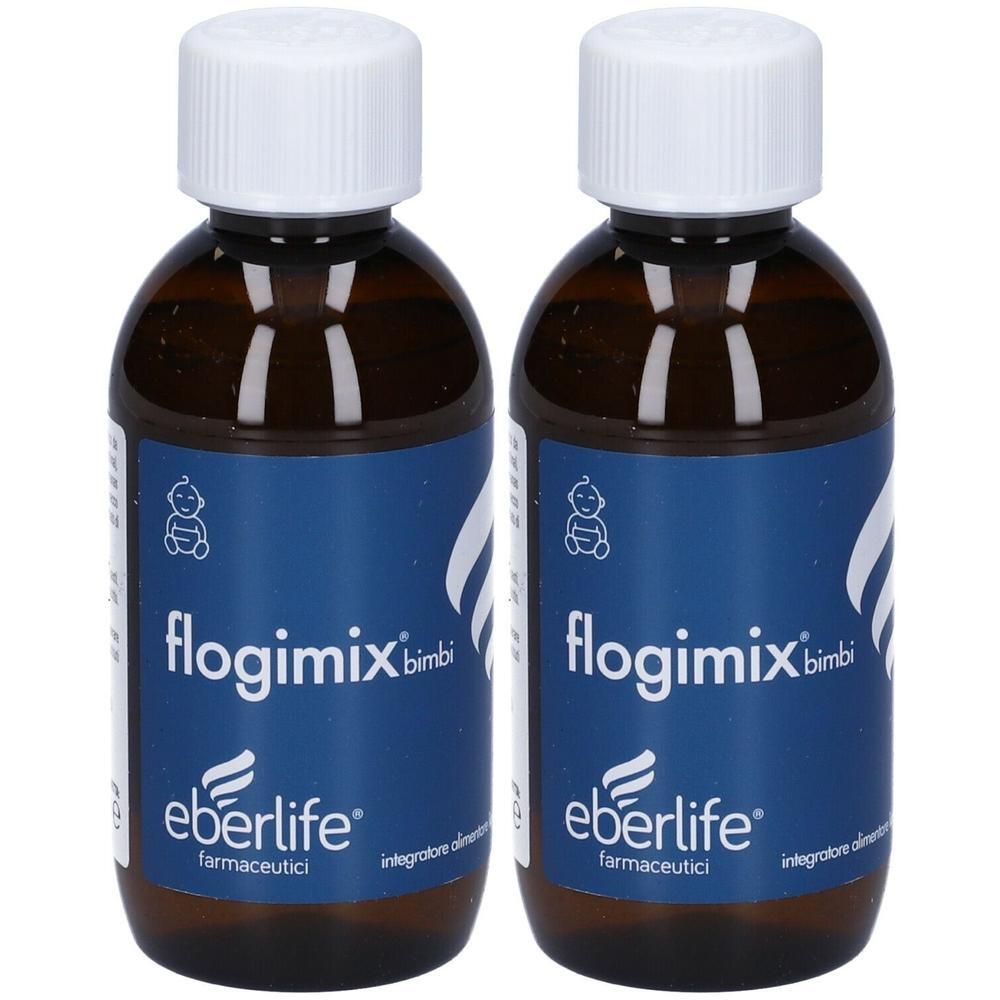 Due flaconi in vetro ambrato con tappo bianco ed etichetta blu. L'etichetta riporta "flogimix bimbi" e "eberlife".