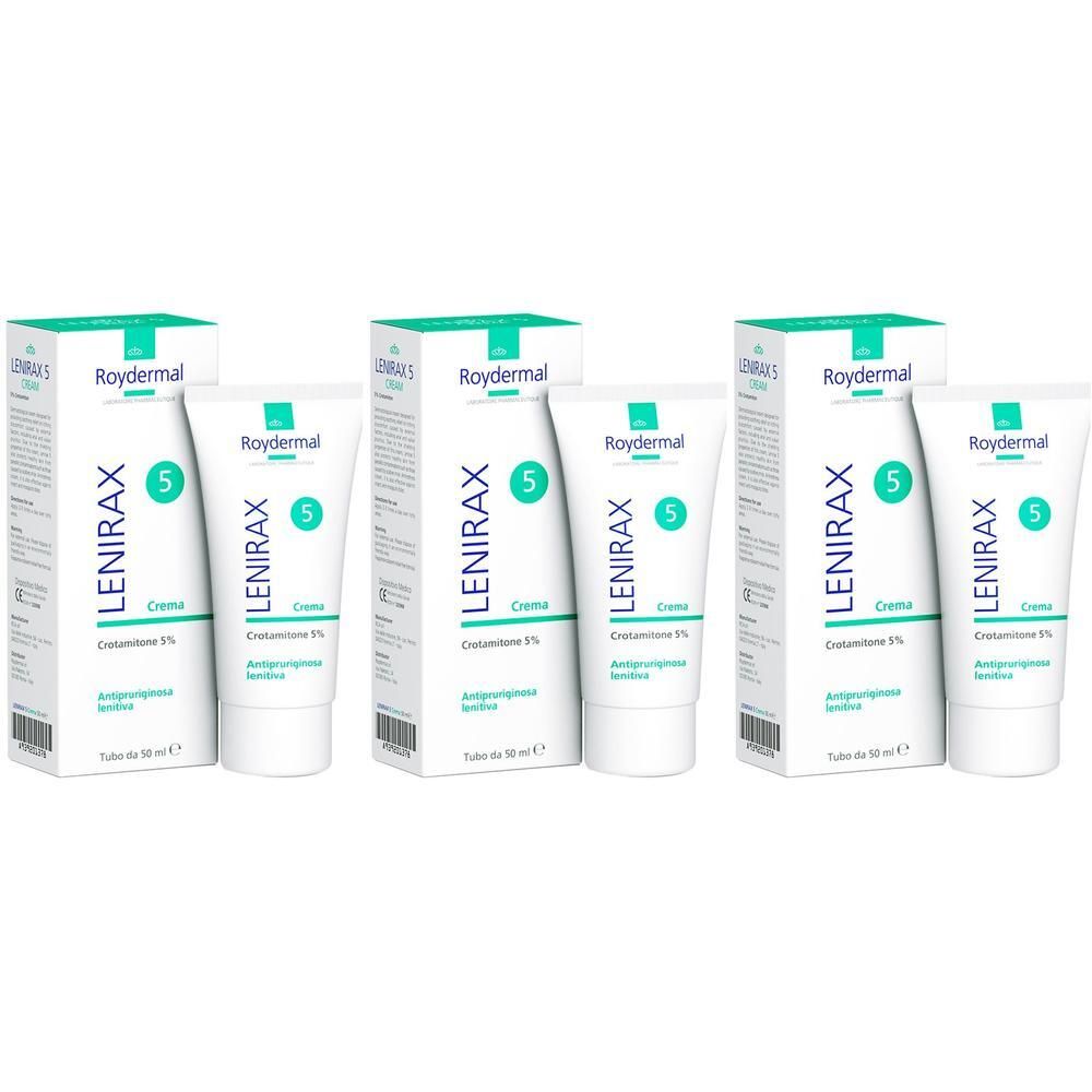 Tre confezioni di crema Lenirax al Crotamitone 5%. Tubi e scatole bianchi con accenti verdi.