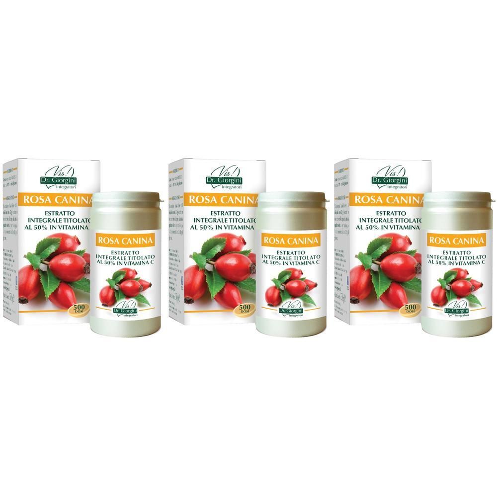 Tre confezioni di estratto di Rosa Canina con immagine di bacche e indicazione di vitamina C.