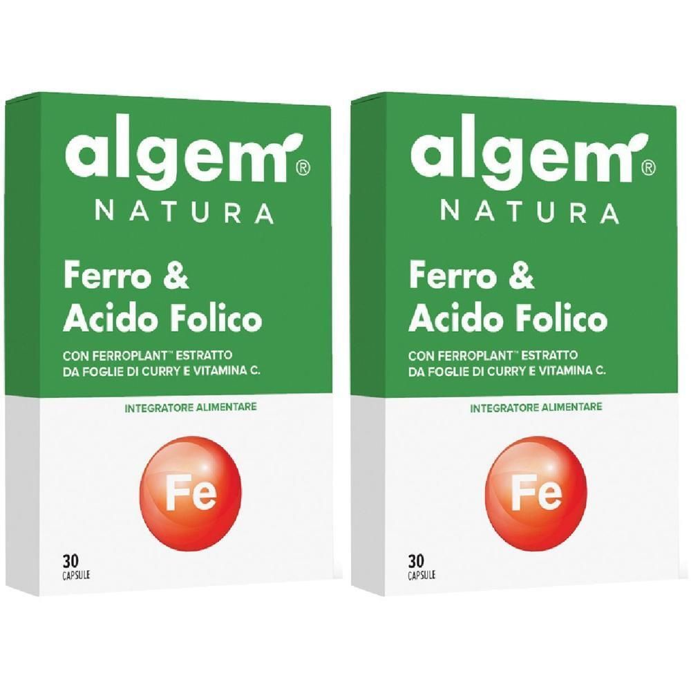 Due confezioni di capsule Algem Natura Ferro & Acido Folico. Ogni confezione contiene 30 capsule.