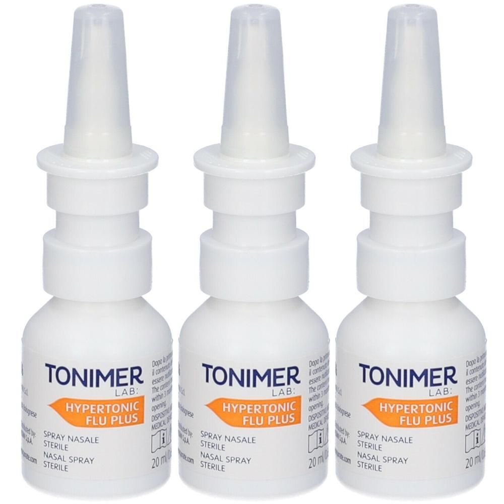 Tre flaconi di spray nasale Tonimer Lab Hypertonic Flu Plus, 20 ml per flacone.