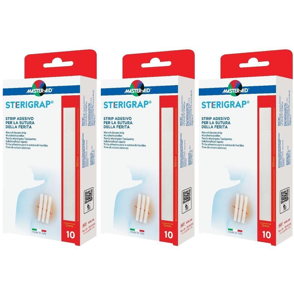 Tre confezioni di cerotti per sutura ferite Master-Aid Sterigrap. Ogni confezione contiene 10 strisce.