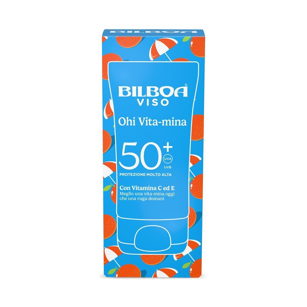 Crema solare Bilboa Ohi Vita-mina SPF 50+ in scatola.