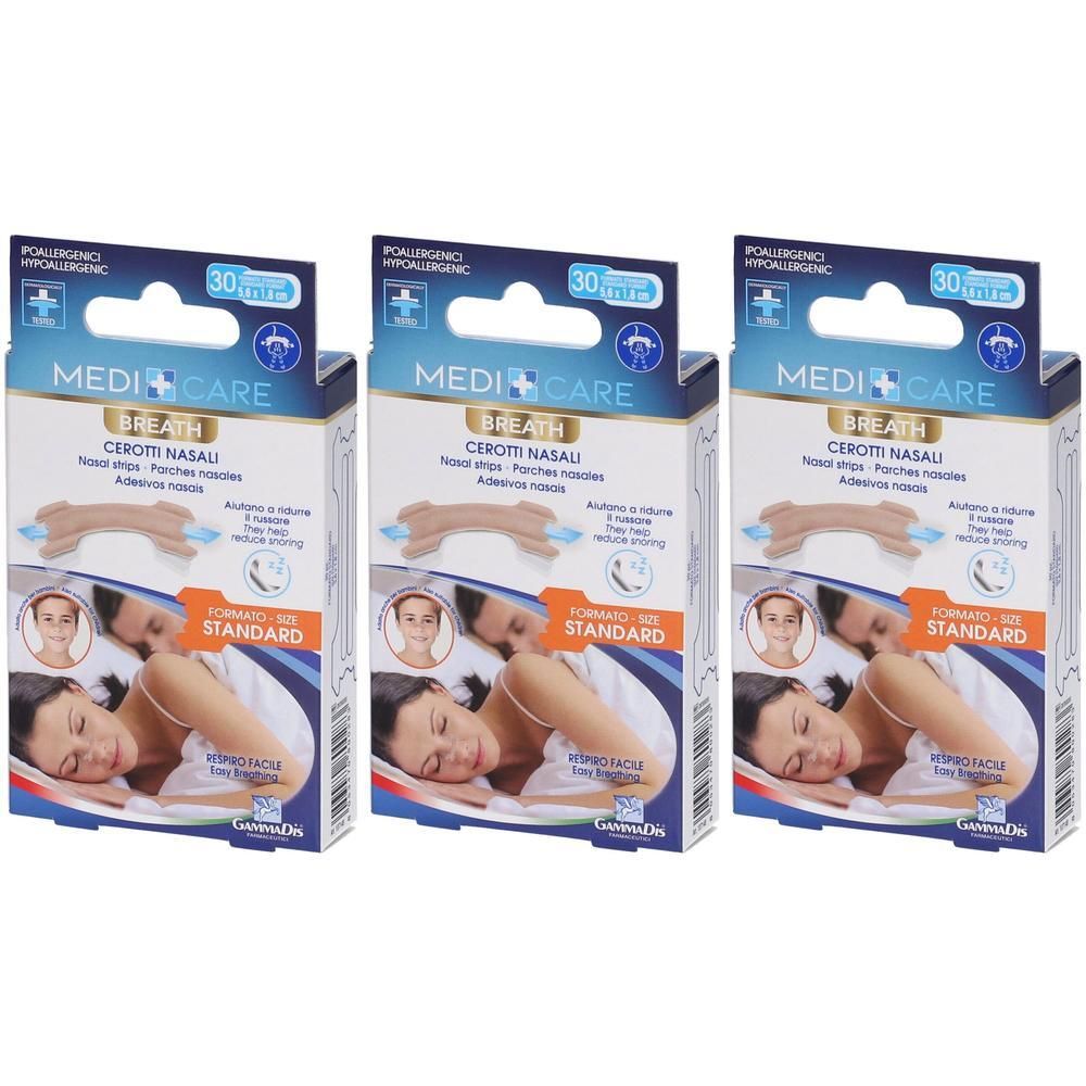 Tre confezioni di cerotti nasali "Medi Care Breath", formato standard, ipoallergenici.
