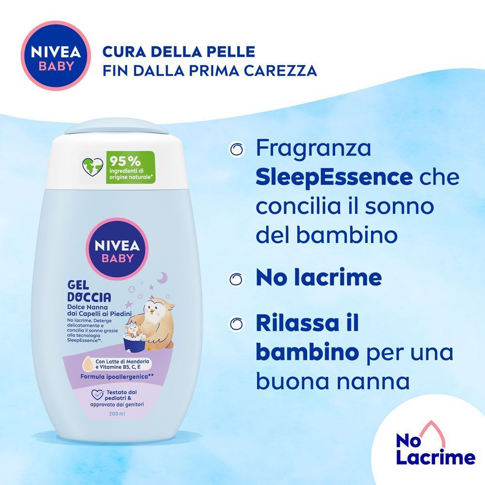 Nivea Baby Gel Doccia Dolce Nanna dai Capelli ai Piedini 200 ml, Detergente neonato corpo e capelli