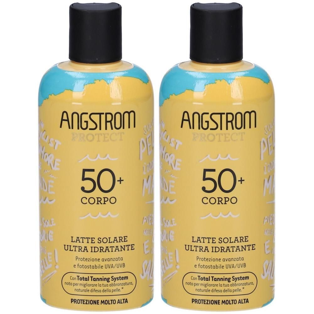 Due flaconi di Angstrom Protect Latte Solare SPF 50+ per il corpo. Flaconi gialli con tappo nero e design blu-giallo.