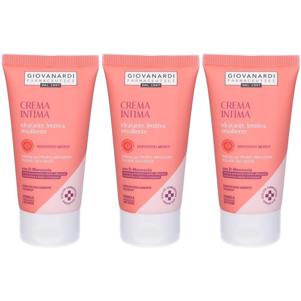 Tre tubetti di Giovanardi Farmaceutici Crema Intima, design rosa e bianco. Etichettatura in italiano.