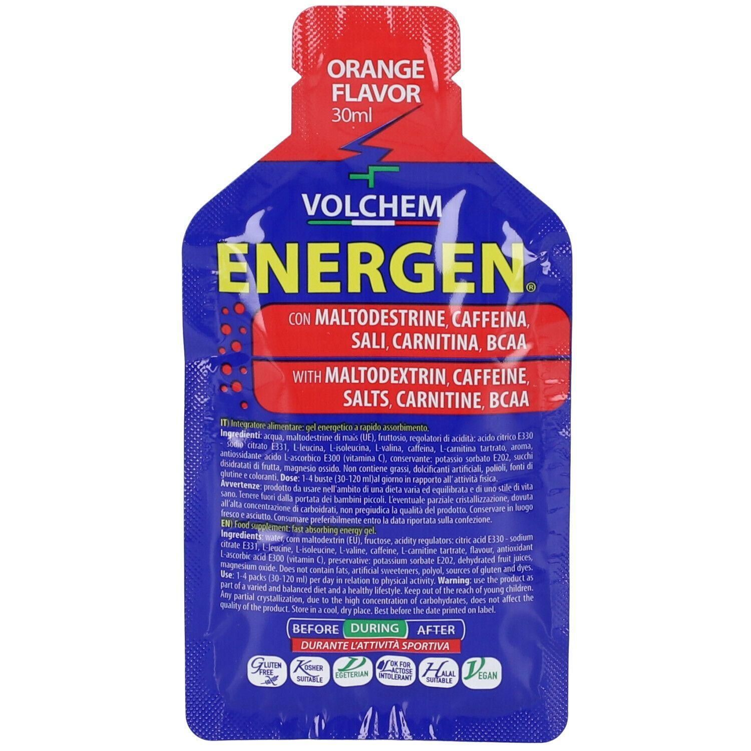 VOLCHEM Energen Gel Gusto Arancia con Caffeina, Maltodestrina, Carnitina e BCAA.