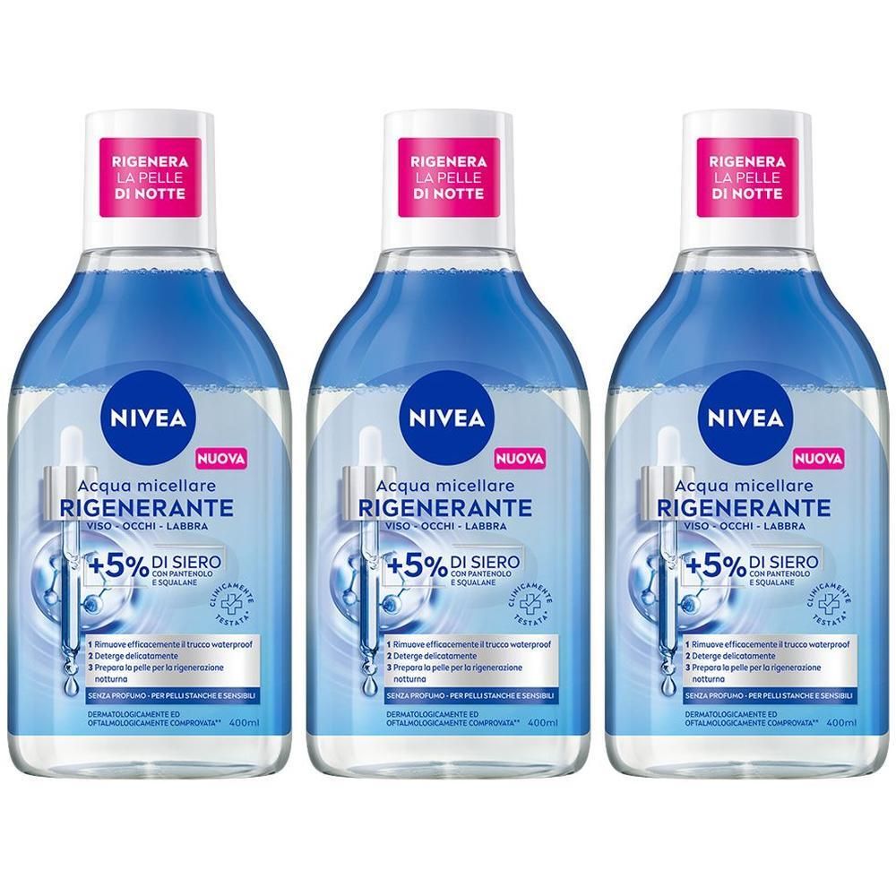 Nivea Acqua Micellare Rigenerante 400 ml, Struccante viso e occhi con 5% siero + Aminoacid Complex