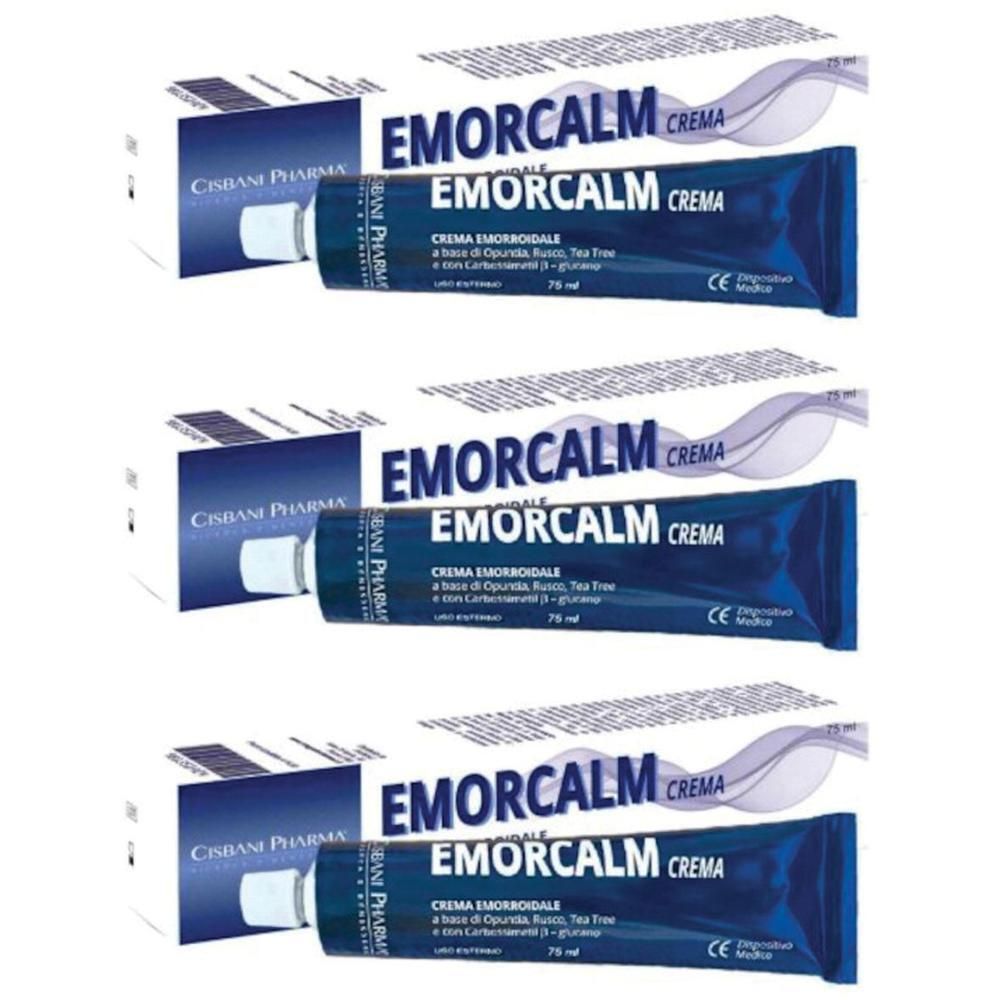 Emorcalm Crema: Tre tubi e scatole con nome del prodotto e marcatura CE.