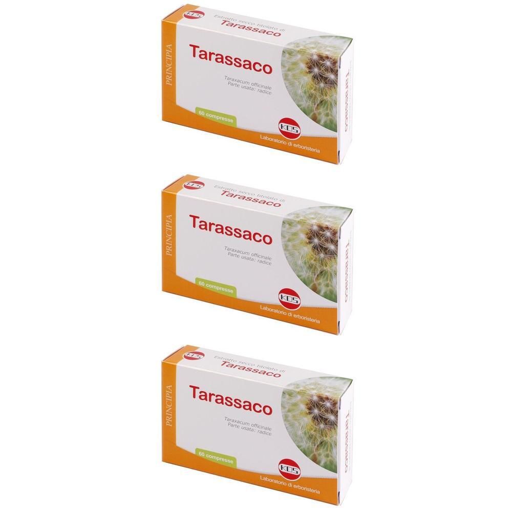 Tre confezioni di KOS Tarassaco Estratto Secco Compresse con immagine di tarassaco.