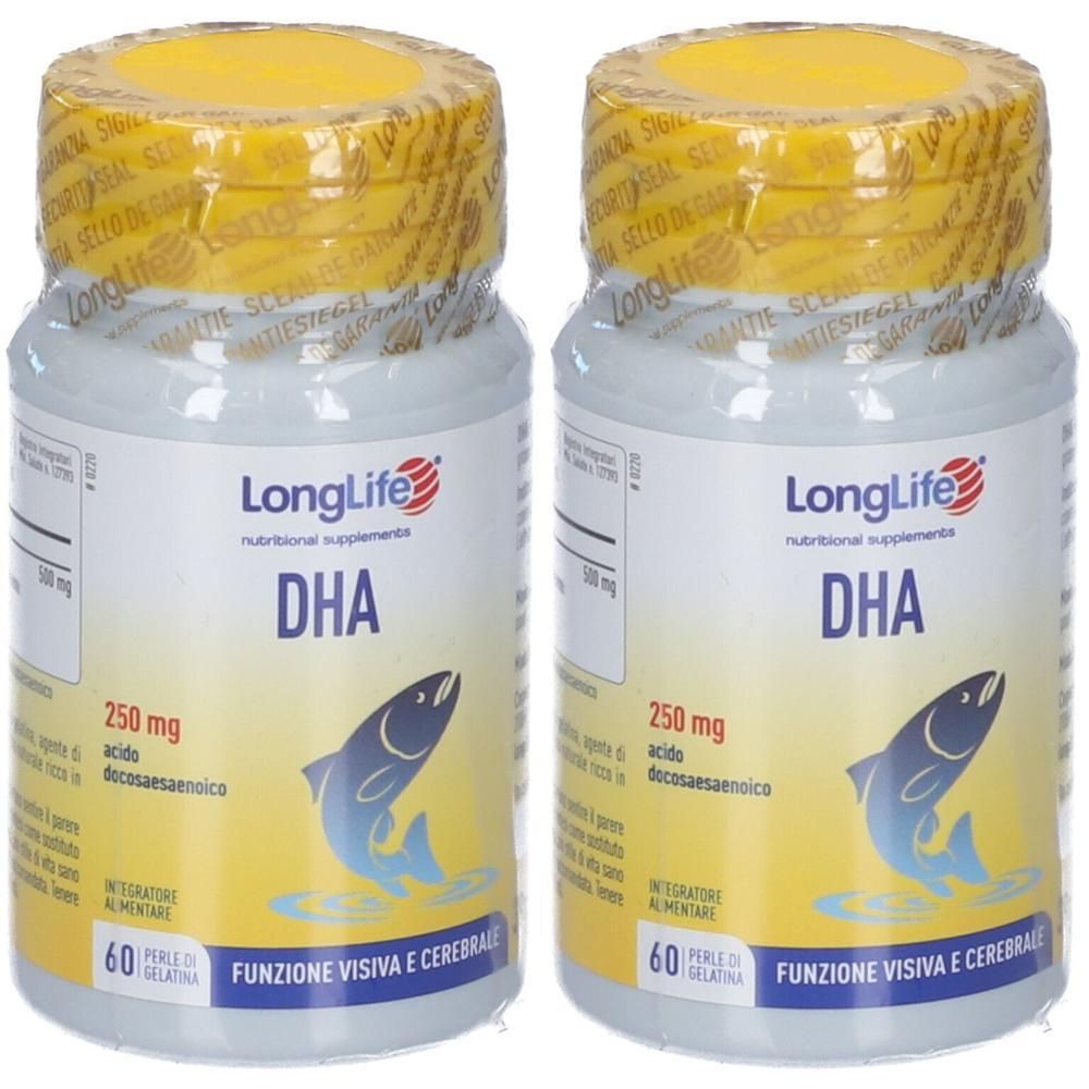 Due flaconi di integratore alimentare LongLife DHA, contenenti 60 perle ciascuno. 250 mg di DHA per perla.