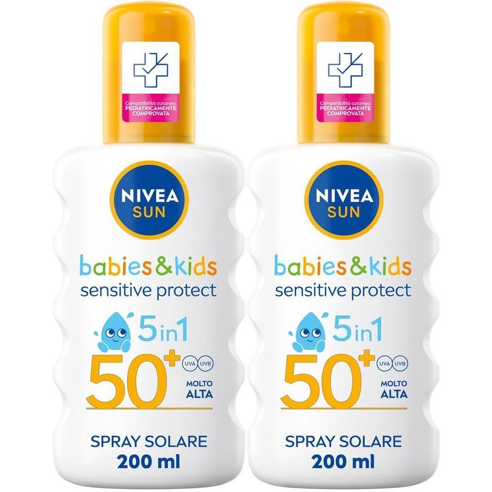 Due flaconi spray solare Nivea Sun per bambini e neonati, SPF 50+.