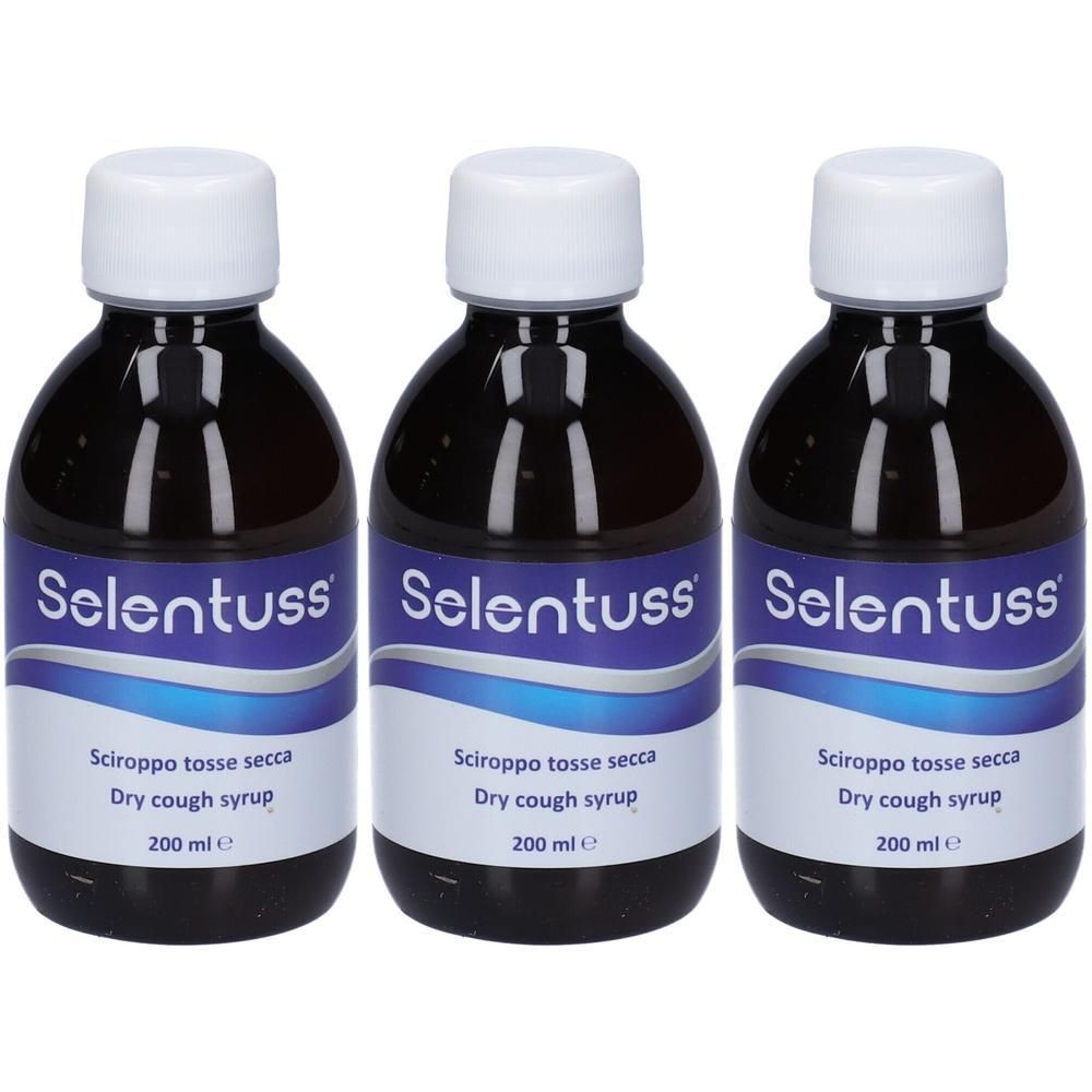 Tre flaconi di sciroppo per tosse secca Selentuss, 200 ml ciascuno.