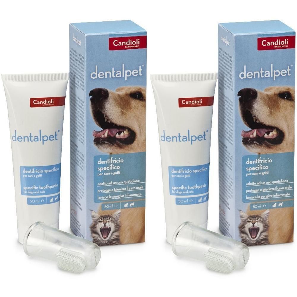 Due confezioni di dentifricio Candidi Dentalpet per cani e gatti, con un applicatore a ditale ciascuna.