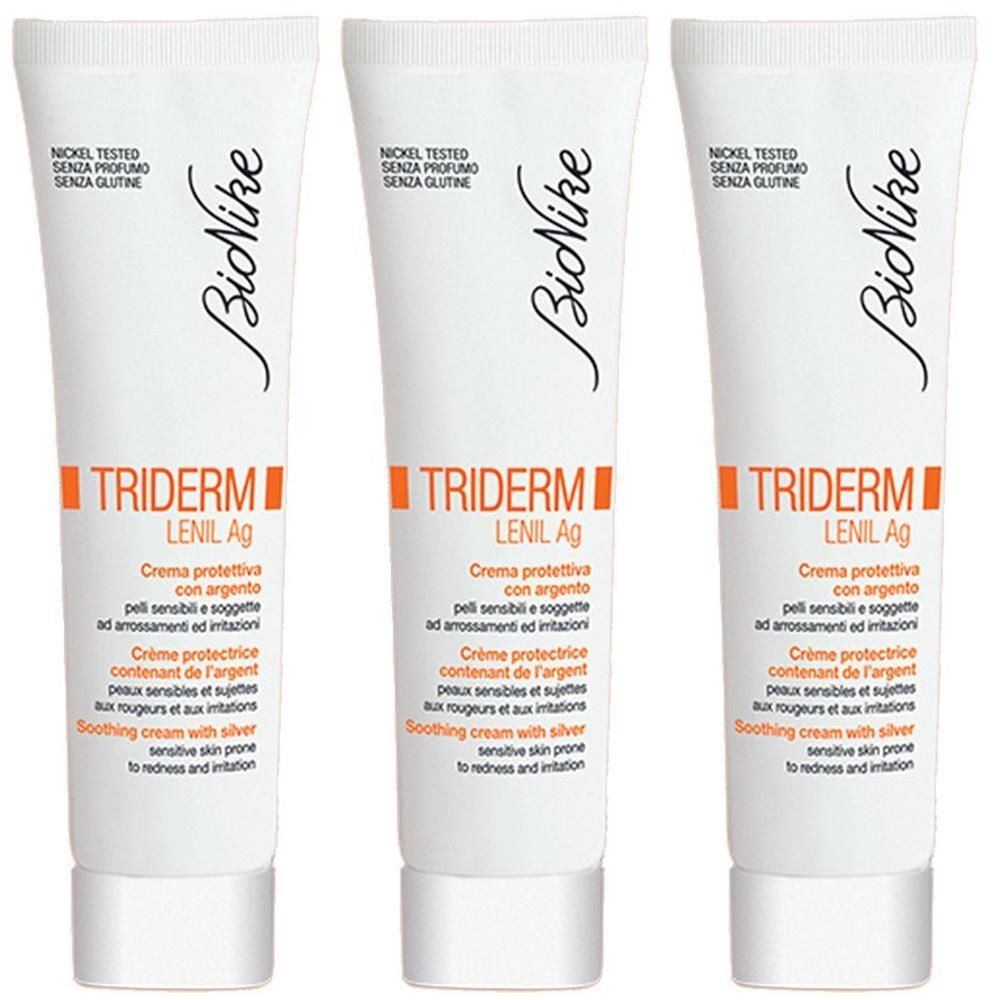 Tre tubi di crema protettiva Triderm Lenil Ag con argento per pelli sensibili.