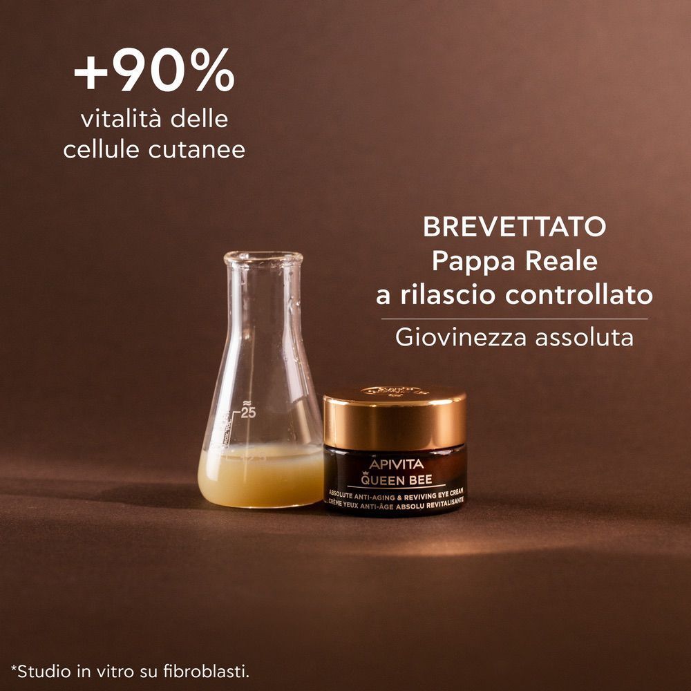 Crema contorno occhi APIVITA Queen Bee accanto a un matraccio con gel. Mostra +90% vitalità cellule cutanee.